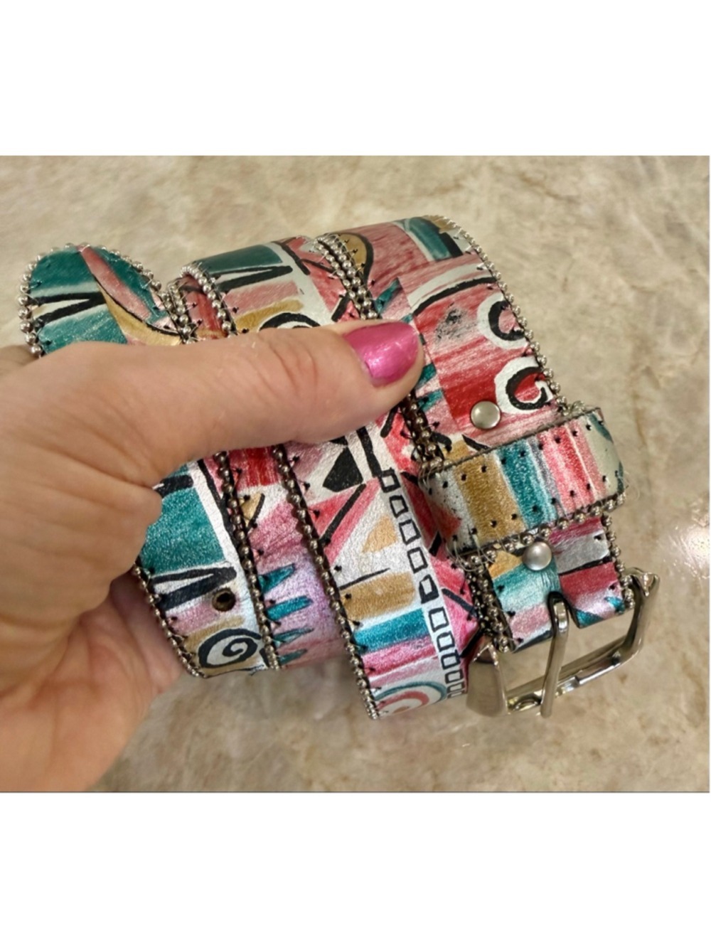 DAKOTA LTD. Abstract Print Belt Pink Teal 5324 Medium Large artisan made. USA
